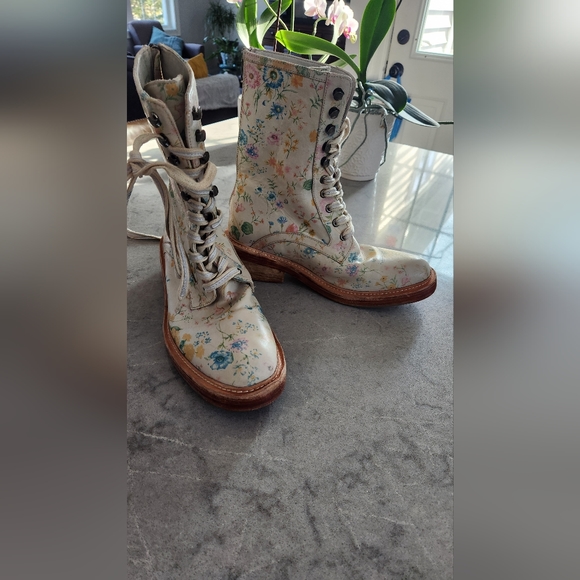 Free People Floral Combat Boots - Cream and Blue - Picture 7 of 16